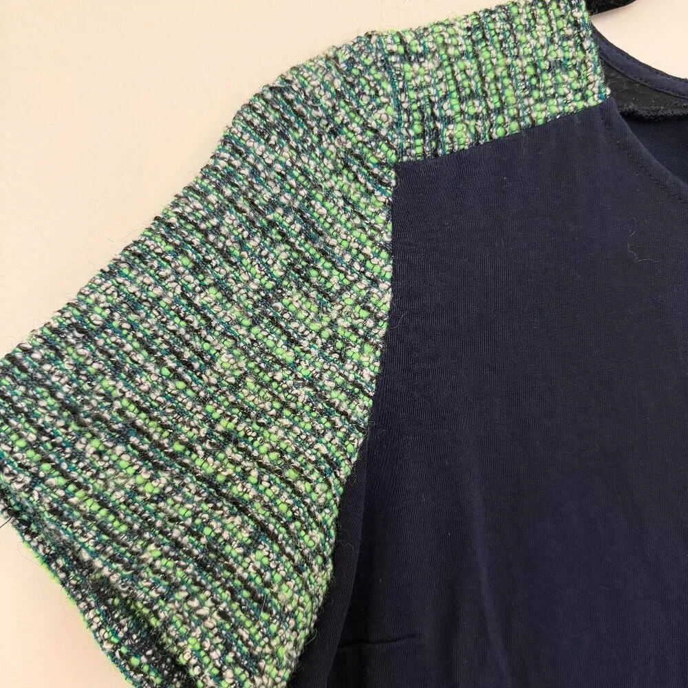 J. Crew Tweed Sleeve Tee Shirt 100% Cotton Preppy Chic Navy Green - Small